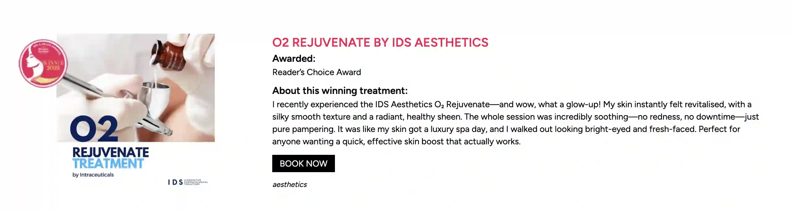 Beauty Insider Spa & Salon Awards 2025  — Readers’ Choice Award Best Celebrity Facial